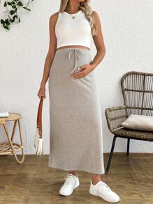 SHEIN 2pcs/Set Solid Color Round Neck Tank Top And Adjustable Waist Drawstring Figure-Hugging Maternity Skirt