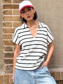 DAZY Women's Casual Striped Contrast Color Polo Collar Short Sleeve Knitted Top, Spring/Summer,Fall Clothes - White - View 4