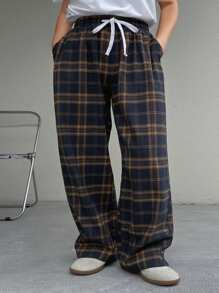 Dazy Plus Plus Size Elastic Waist Drawstring Loose Plaid Casual Pants, Suitable For All Seasons Fall