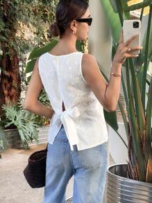 Serisse Women's Floral Embroidered Backless Sleeveless Shirt, Spring/Summer, Tie At The Back, Floral Three-Dimensional Texture Fabric, Solid Color Sleeveless Top White Vacation Holiday Resort - White - View 1