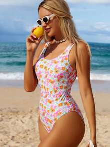 Swim Mod Traje de baño de una pieza veraniego y casual, sexy y de espalda descubierta, con estampado floral diminuto para vacaciones en la playa de las mujeres