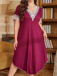 PalaceNights 大码女式休闲撞色蕾丝 V 领不对称下摆睡袍