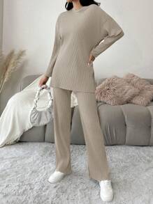 Cloudara 2pcs/set Solid Color Ribbed Stripe Top And Long Pants Set - Khaki - View 5