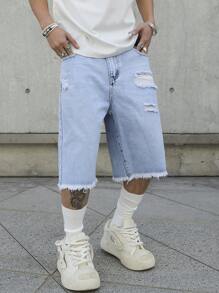 Manfinity EMRG Men's Mid Blue Vintage Washed Distressed Ripped Street Style Loose Denim Shorts Jorts Going Out Hang Out Commute Vacation Street