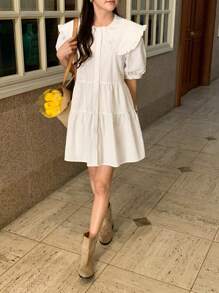 DAZY Vestido corto de verano informal y dulce con cuello Peter Pan, borde con volantes y unicolor