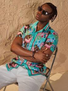 Forever 21 休闲修身男士翻领衬衫，全身印花，非常适合夏季度假 - 彩色 - 查看 4