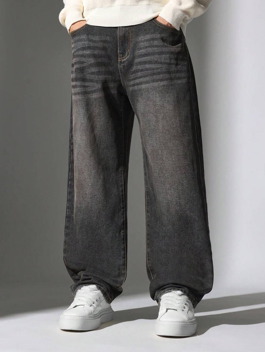 SUMWON Denim de Ajuste de Patinador Ultra Confortável, Calça Denim de Perna Larga Solta, Streetwear Casual Relaxado, Perfeito para Skate e Estilo Urbano - Preto - Visão 1