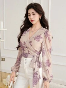 DAZY Áo kiểu nữ tay dài dáng ngắn họa tiết hoa, thích hợp cho kỳ nghỉ. - Nhiều màu - Xem 4