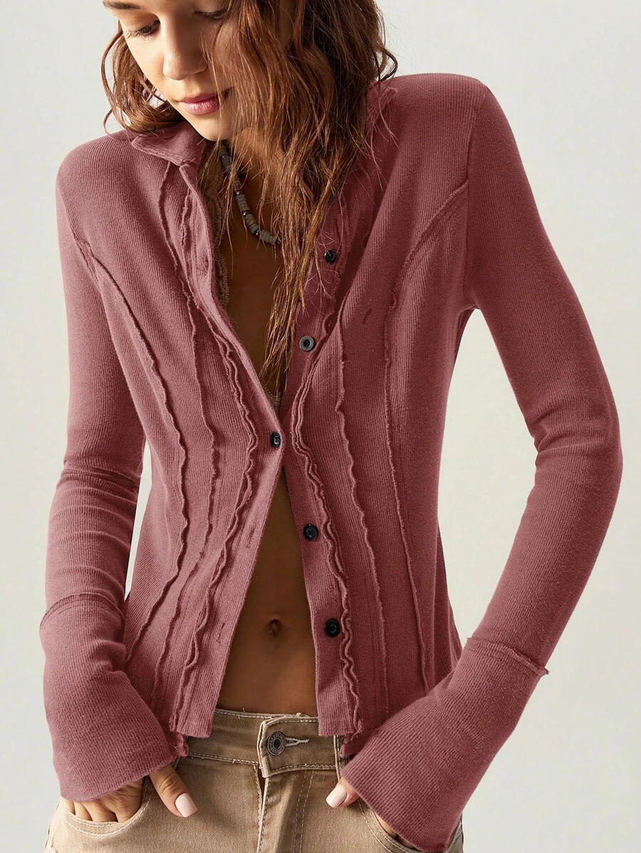 Bohemela Top ajustado de manga larga y apertura frontal de punto de unicolor para mujeres