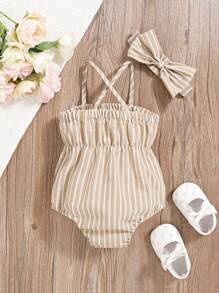 SHEIN Vintaside Kids 2pcs/Set Infant & Baby Girl Fashionable Cute Striped Off-Shoulder Romper & Headband Set, Summer Party