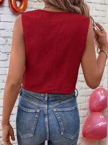 SHEIN LUNE 情人节红色衬衫新年女装红色女士开衫办公室女士简约纯色前扣背心衬衣 - 酒紅色 - 查看 6