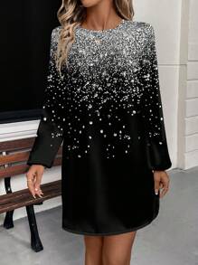 SHEIN LUNE Casual Shiny Graphic Round Neck Long Sleeve Short Dress For Women, Suitable For Spring And Autumn