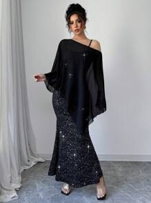 SHEIN Unity Elenzga 女士派对休闲约会黑银色闪亮高弹简约纯色雪纺透视性感派对晚会约会披肩吊带连衣裙两件套 - 黑色 - 查看 4