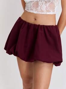 TRNVIE 1pc Women Burgundy Short, Bubble Skirt For Casual, Shopping, Commute