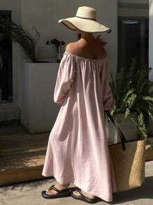 DAZY 女士度假海滩罩衫连衣裙，飘逸 A 字形直筒休闲宽松露肩中长连衣裙，秋季连衣裙长袖连衣裙 - 粉色 - 查看 2