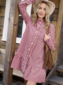 LanaWest Women's Plaid Ruffle Collar Long Sleeve Single Breasted Short Dress Fall Cloth For Women - Red and White - View 6