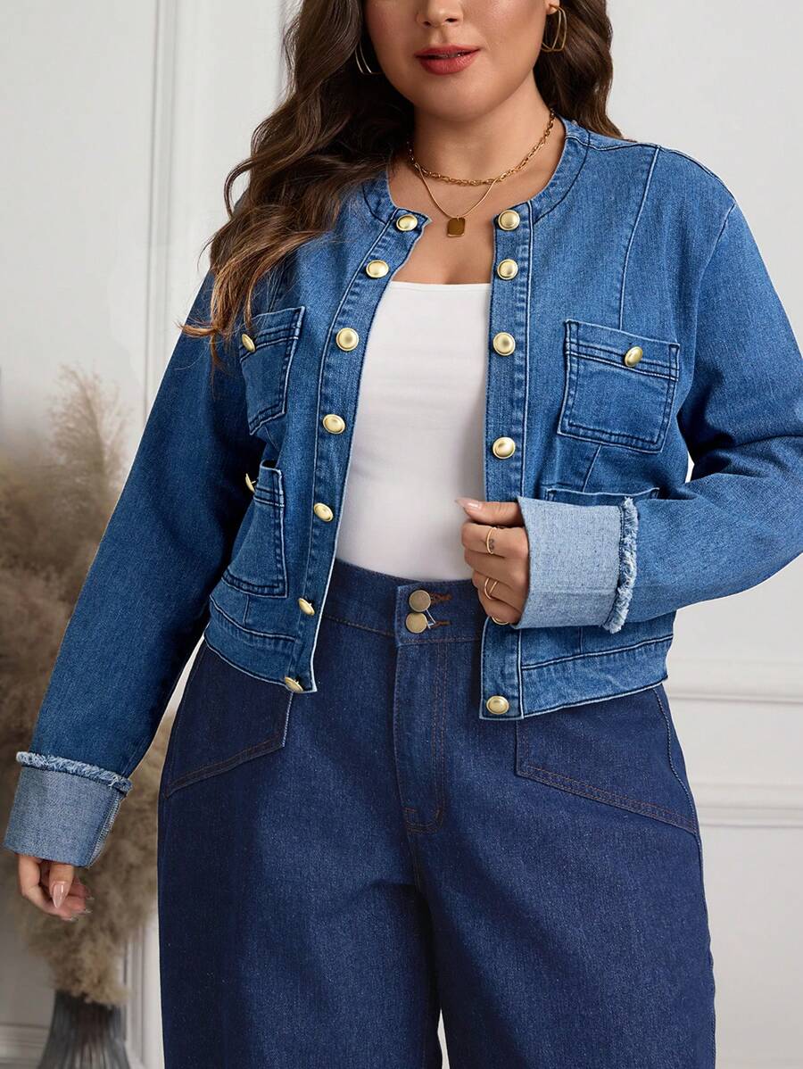SHEIN LUNE Plus Size Denim Jacket, Casual & Fashionable For Daily Wear - Medium Wash - View 1