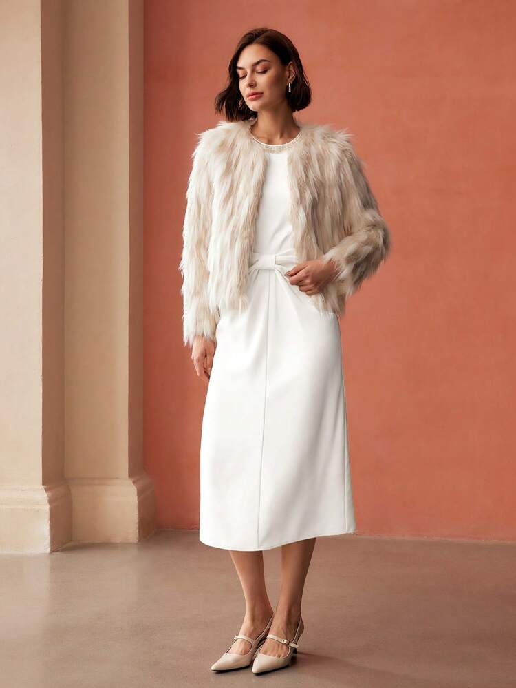 FAUX PEARL BEADED RUCHED DRESS