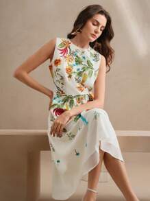 Anewsta 女士圆领无袖花卉刺绣简约休闲连衣裙