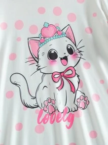 SHEIN 女孩卡通猫咪图案印花荷叶边针织圆领长袖睡袍睡衣 - 淺粉色 - 查看 5