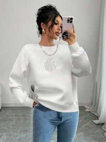 Chiquease Women Casual Solid Color Floral Embroidery Raglan Sleeve Sweatshirt, Autumn/Winter Pullover Fall - White - View 4