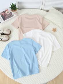 SHEIN 3pcs Young Boy Rib Knit Crew Neck T-Shirts. This T-Shirt Is Simple And Versatile, With Exquisite Craftsmanship And A Distinctive Fabric Texture, Showcasing The Personal Charm Of Young Boys. Suitable For Daily Casual Wear And School, Meeting The Summer Clothing Needs Of 4-7 Year Old Children T Shirts Boys Soft - Multicolor - View 2