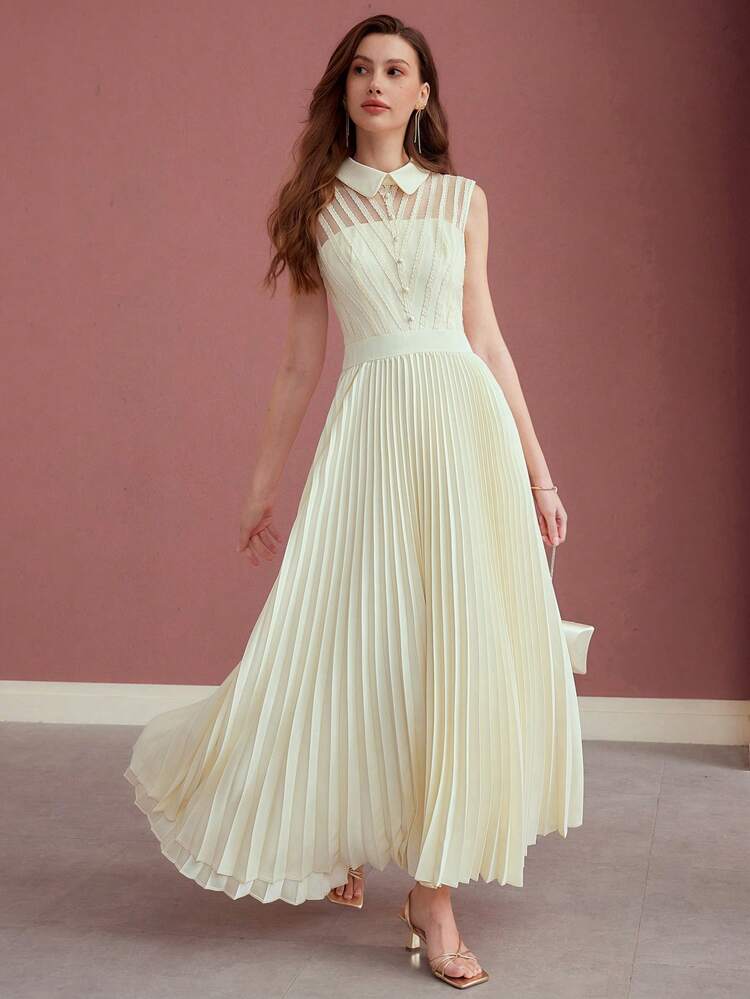 CONTRAST LACE PLEATED DRESS