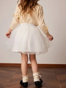 PrepCrw Young Girls' Casual Elastic Waist Flowy A-Line Mesh Skirt, Spring & Autumn - White - View 2