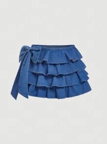 SHEIN MOD Women's Short Denim Skirt With Side Bow Decor