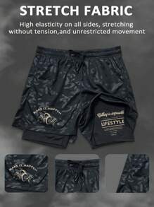 Manfinity Sport Corelite Men's Slogan Print Camouflage Drawstring Waist Sports Shorts