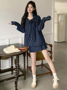 DAZY Damen Lässig Set aus Knopfverschluss Langarm Top und Denim Rock, 2-teilig