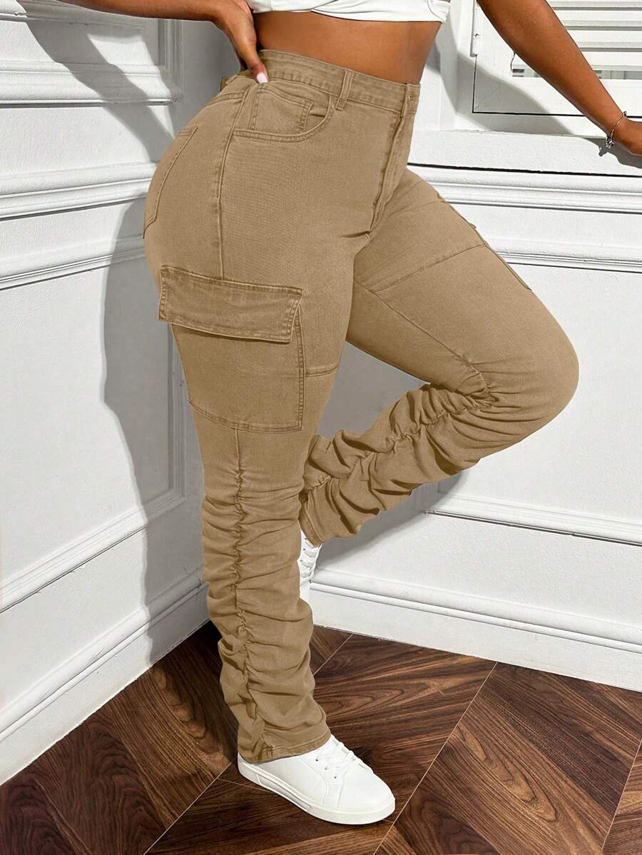 Slaydiva Plus Size Stretchy Stacked Ankle Jeans - Khaki - View 1