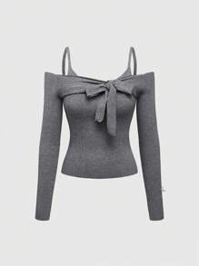 ROMWE Kawaii Suéter gris para mujer con mangas largas elásticas, cuello de volantes con lazo, hombros descubiertos y cintura elástica, de estilo elegante y dulce de primavera