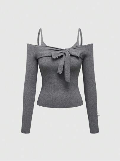 Kawaii Pull gris pour femmes avec épaules dénudées, col volant, nœud, manches longues et taille élastique, élégant et doux pour le printemps
