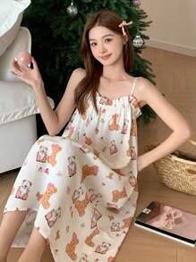 DAZY Cute Bear Pattern Full Print Loose Spaghetti Strap Nightgown Pajama - Apricot - View 5