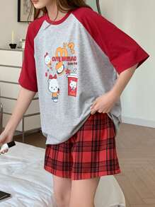 DAZY 2pcs Cartoon Print Raglan Sleeve T-Shirt & Plaid Shorts Pajama Set For Women - Grey - View 8