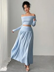 Chiquease Atmospheric Off Shoulder Top & High-Waist Pleated A-Line Skirt Set - Baby Blue - View 4