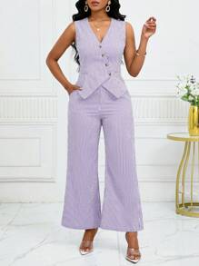 SHEIN Lady 女士条纹单排扣背心和裤子休闲套装 - 紫色 - 查看 5