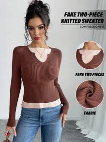 SHEIN Unity Design Sense撞色针织叠层上衣，二合一束腰毛衣，女士秋冬款 - 咖啡棕 - 查看 1