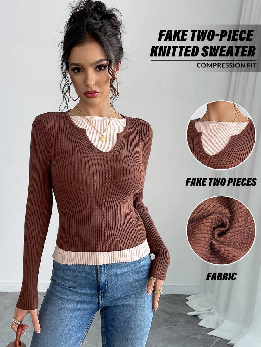 SHEIN Unity Design Sense撞色针织叠层上衣,二合一束腰毛衣,女士秋冬款 - 咖啡棕 - 查看 1