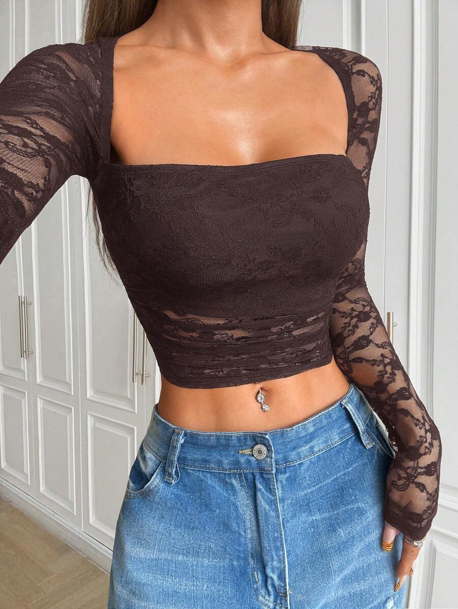 SHEIN EZwear 女士蕾丝拼布长袖休闲上衣 - 棕色 - 查看 1