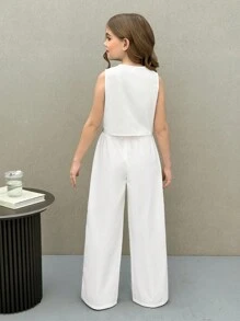 SHEIN Nova Glow Tween Girls Woven Patchwork Sleeveless Tank Top And Straight Leg Pants Set - Black and White - View 2