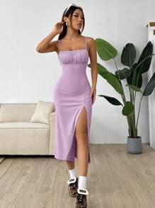 SHEIN EZwear Women's Solid Color Pleated Knit High Slit Spaghetti Strap Lilac Dress - Lilac Purple - View 6