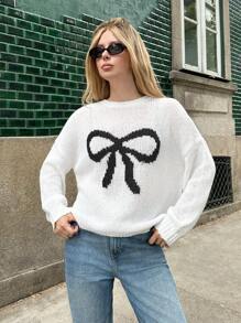 Forever 21 Autumn/Winter New Round Neck Big Bow Color Block Loose Casual Sweater For Girls