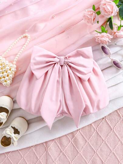 SHEIN Baby Girl Casual Loose Comfy Bow Decor Pink Lantern Shorts, Suitable For Spring And Summer