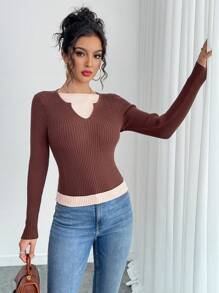 SHEIN Unity Design Sense撞色针织叠层上衣，二合一束腰毛衣，女士秋冬款 - 咖啡棕 - 查看 3