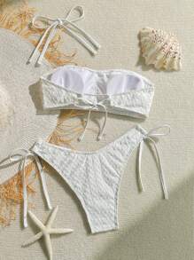 SHEIN Swim 2pcs Springbreak Summer Vacation Solid Color Textured Fabric Bandeau Top And Side Tie Cute Bikini Set, Festival Boho