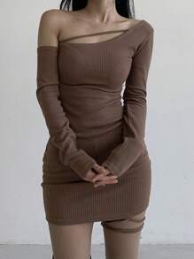 DAZY Women Solid Color Asymmetrical Collar Long Sleeve Rib Mini Dress,Fall Dress - Brown - View 8