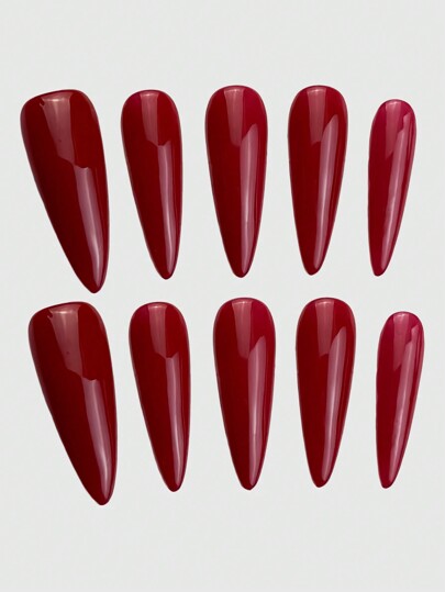 Anime 10 pezzi/set unghie finte a punta di colore bordeaux unito e 1 foglio di nastro per unghie, adatto per il giorno di San Valentino