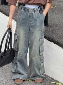 DAZY Girls' Large Pocket Decorated Denim Long Pants, Spring/Summer, Tween Girl,Back To School Clothes